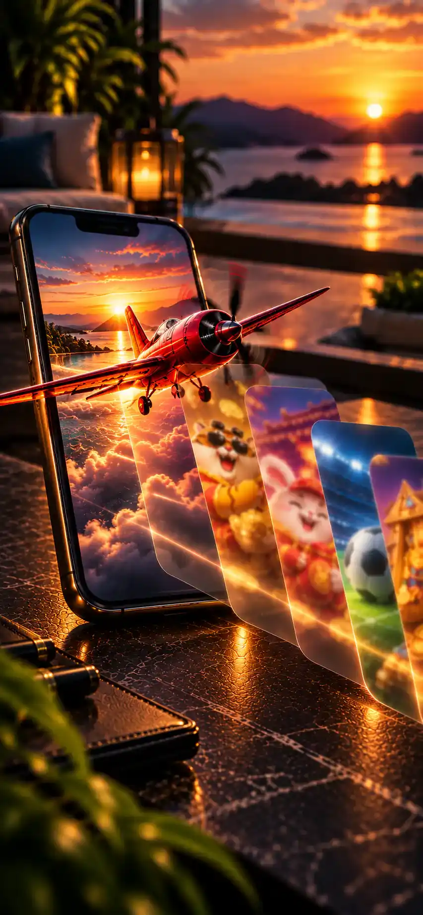 Avião vermelho surgindo do smartphone ao pôr do sol